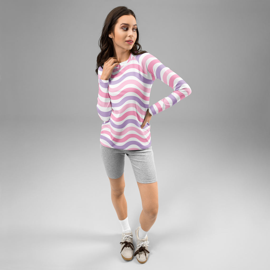 Women's Coastal Pink Purple Wavy Stripe Long Sleeve Rash Guard Swim Shirt – Buttery Soft, Sun Safe UPF 50+ Protection, Quick Dry & 4-Way Stretch Comfort