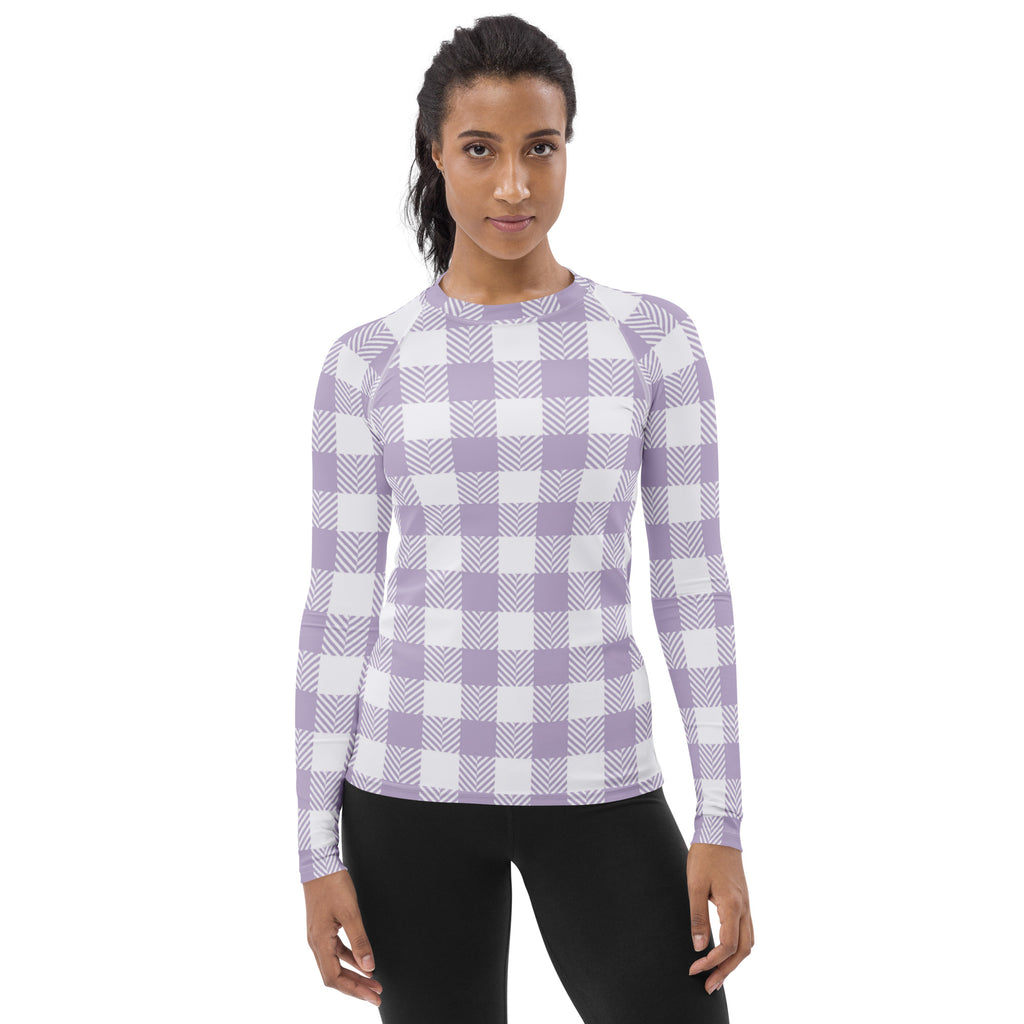 Women's Lavender Gingham Long Sleeve Rash Guard Swim Shirt – Buttery Soft, Sun Safe UPF 50+ Protection, Quick Dry & 4-Way Stretch Comfort