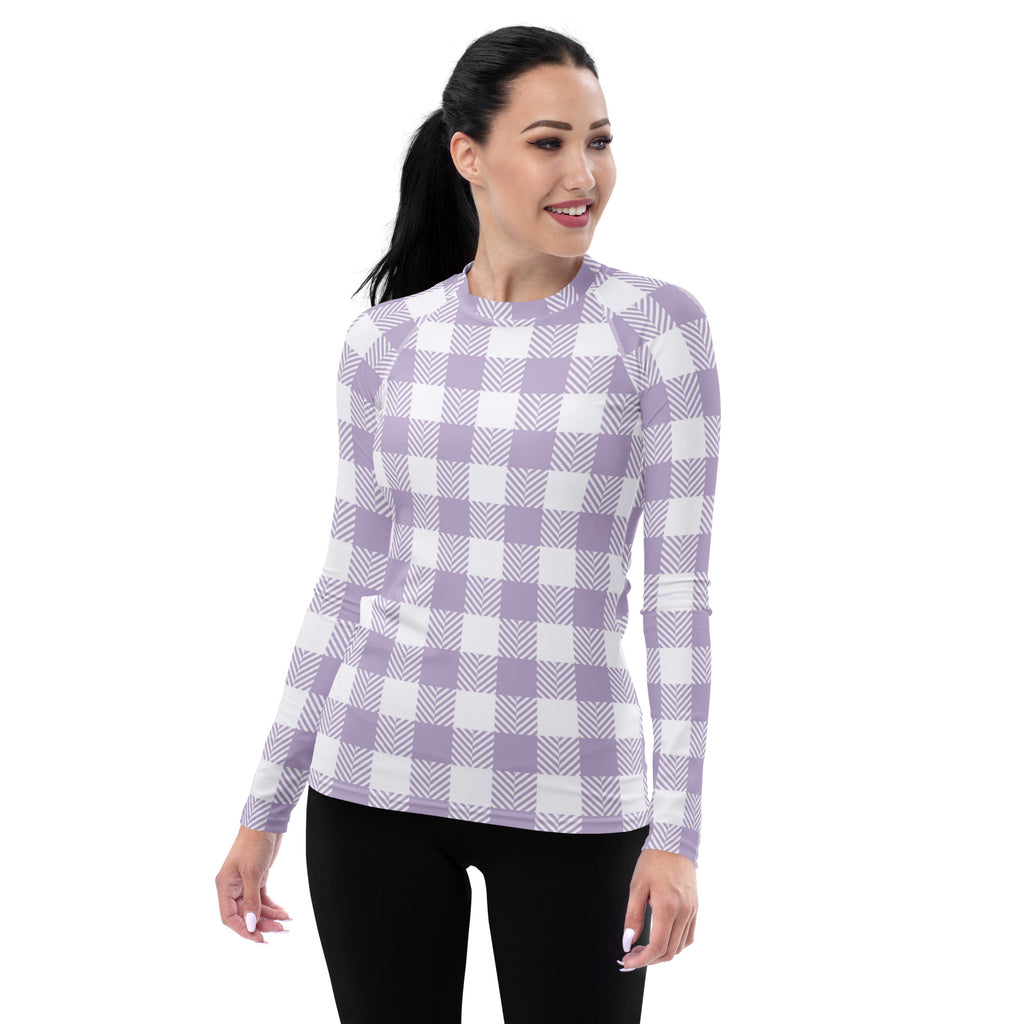 Women's Lavender Gingham Long Sleeve Rash Guard Swim Shirt – Buttery Soft, Sun Safe UPF 50+ Protection, Quick Dry & 4-Way Stretch Comfort