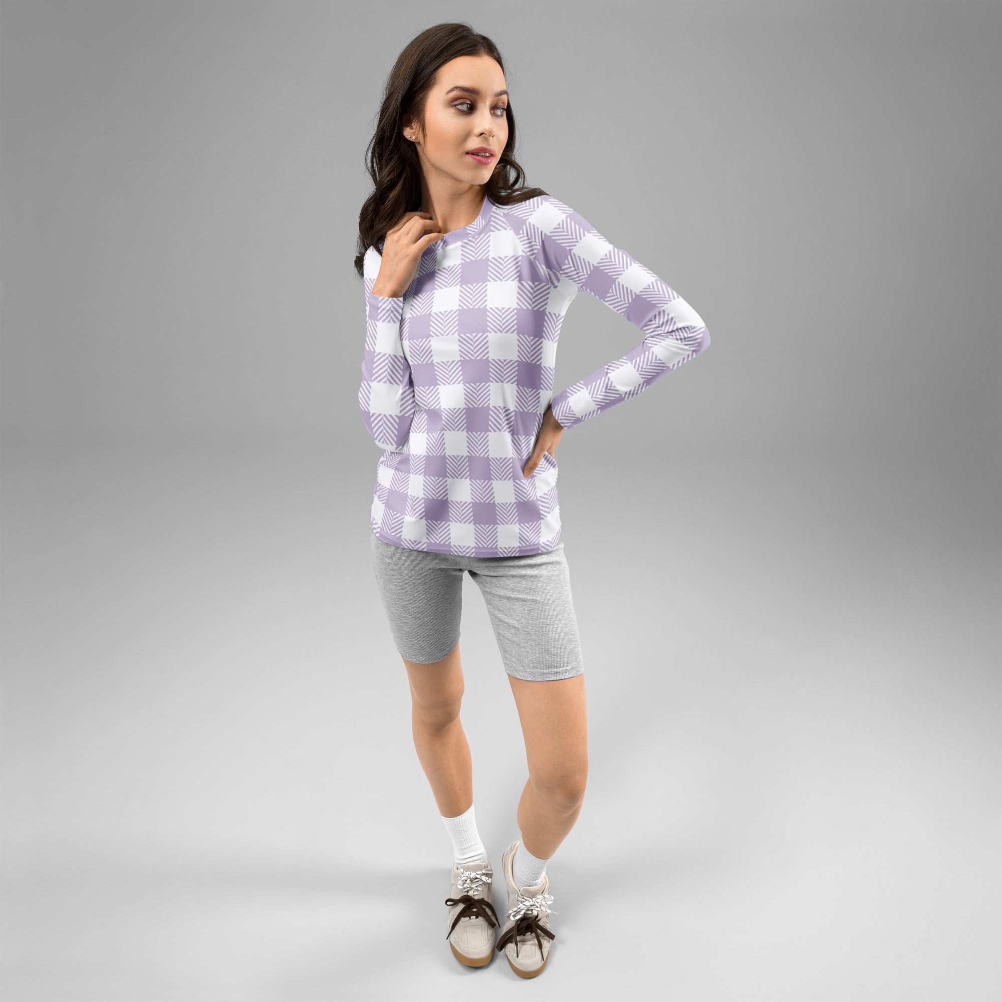 Women's Lavender Gingham Long Sleeve Rash Guard Swim Shirt – Buttery Soft, Sun Safe UPF 50+ Protection, Quick Dry & 4-Way Stretch Comfort