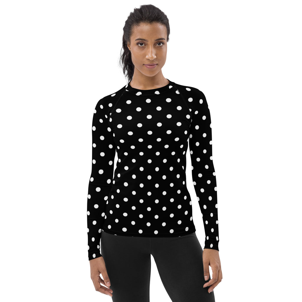 Women's Black Polka Dot Long Sleeve Rash Guard Swim Shirt – Buttery Soft, Sun Safe UPF 50+ Protection, Quick Dry & 4-Way Stretch Comfort