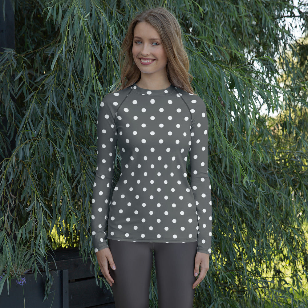 Women's Gray Polka Dot Long Sleeve Rash Guard Swim Shirt – Buttery Soft, Sun Safe UPF 50+ Protection, Quick Dry & 4-Way Stretch Comfort