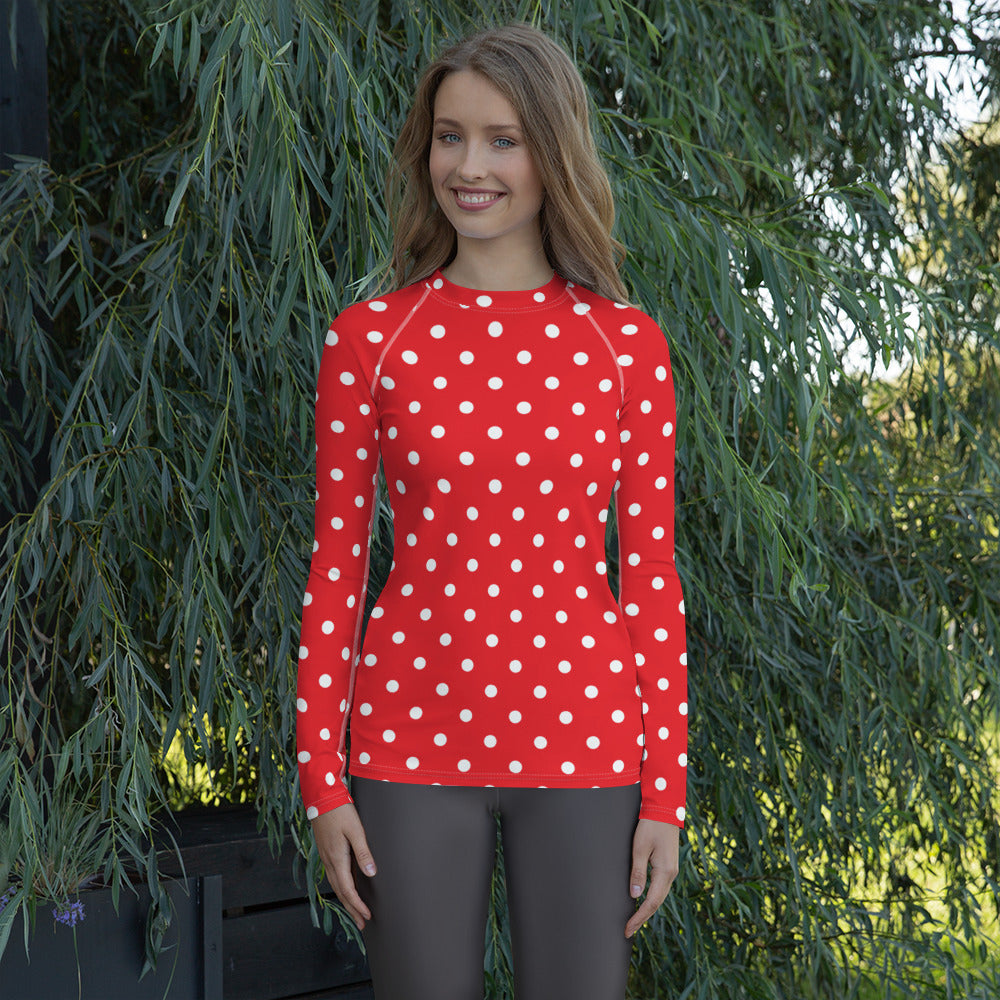 Women's Red Polka Dot Long Sleeve Rash Guard Swim Shirt – Buttery Soft, Sun Safe UPF 50+ Protection, Quick Dry & 4-Way Stretch Comfort