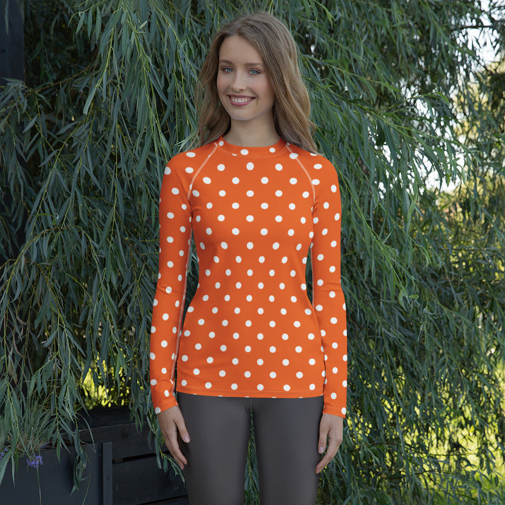 Women's Orange Polka Dot Long Sleeve Rash Guard Swim Shirt – Buttery Soft, Sun Safe UPF 50+ Protection, Quick Dry & 4-Way Stretch Comfort