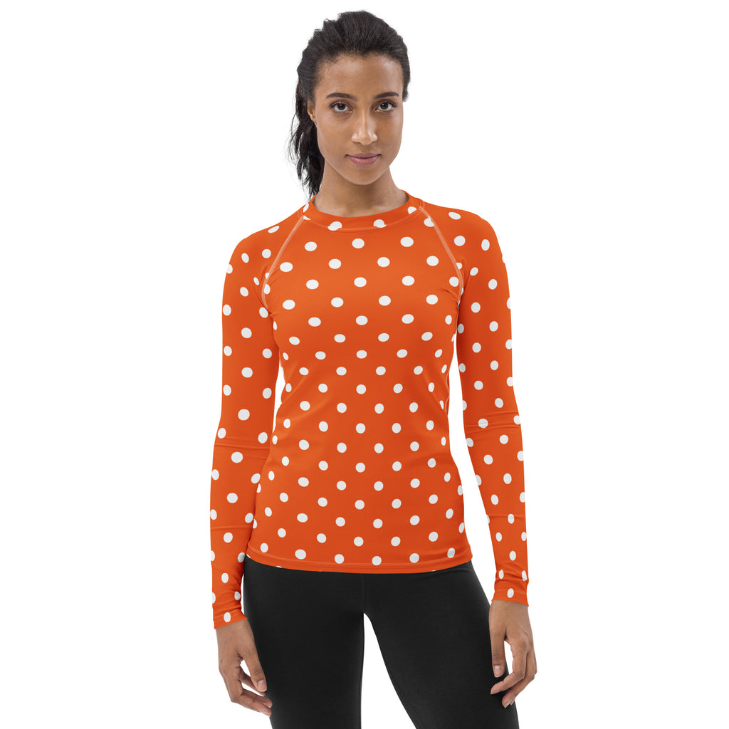 Women's Orange Polka Dot Long Sleeve Rash Guard Swim Shirt – Buttery Soft, Sun Safe UPF 50+ Protection, Quick Dry & 4-Way Stretch Comfort