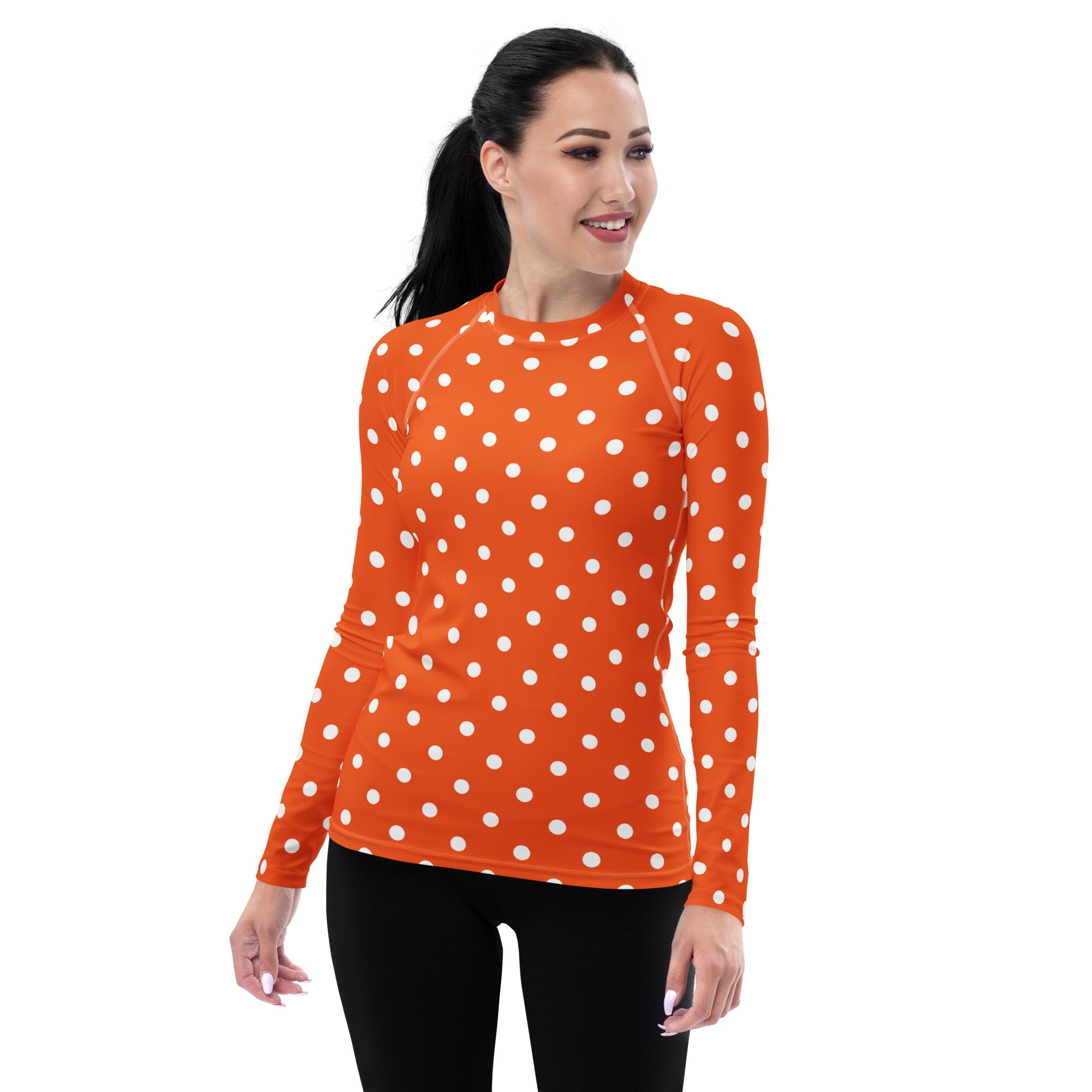 Women's Orange Polka Dot Long Sleeve Rash Guard Swim Shirt – Buttery Soft, Sun Safe UPF 50+ Protection, Quick Dry & 4-Way Stretch Comfort
