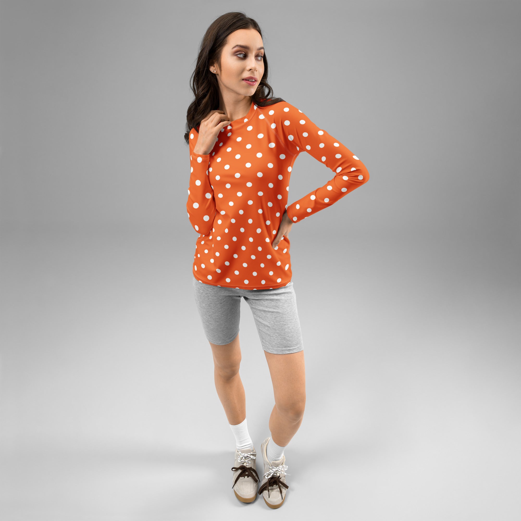 Women's Orange Polka Dot Long Sleeve Rash Guard Swim Shirt – Buttery Soft, Sun Safe UPF 50+ Protection, Quick Dry & 4-Way Stretch Comfort