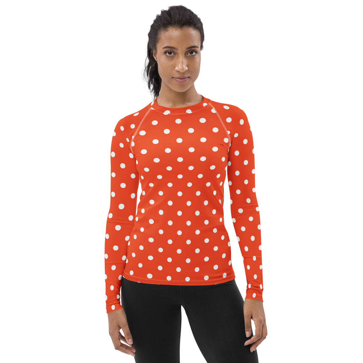 Women's Bright Orange Polka Dot Long Sleeve Rash Guard Swim Shirt – Buttery Soft, Sun Safe UPF 50+ Protection, Quick Dry & 4-Way Stretch Comfort