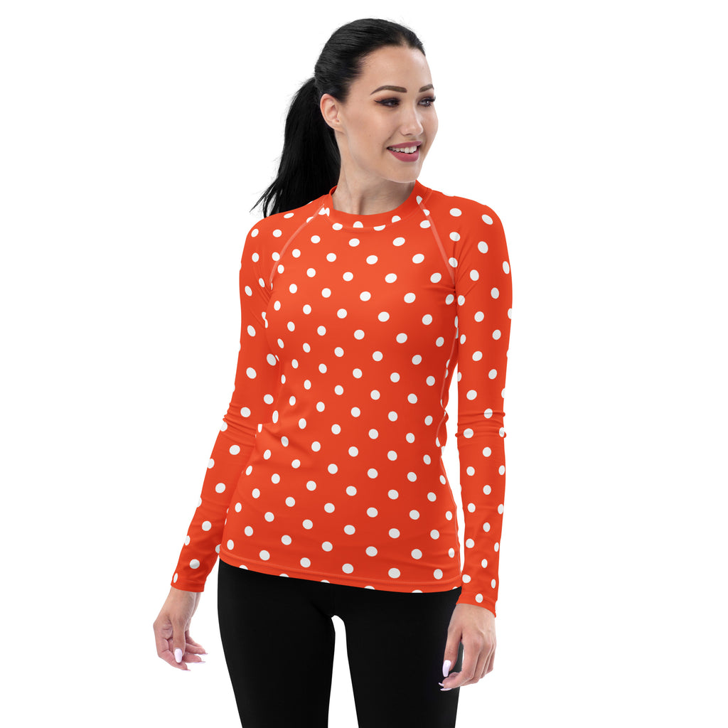 Women's Bright Orange Polka Dot Long Sleeve Rash Guard Swim Shirt – Buttery Soft, Sun Safe UPF 50+ Protection, Quick Dry & 4-Way Stretch Comfort