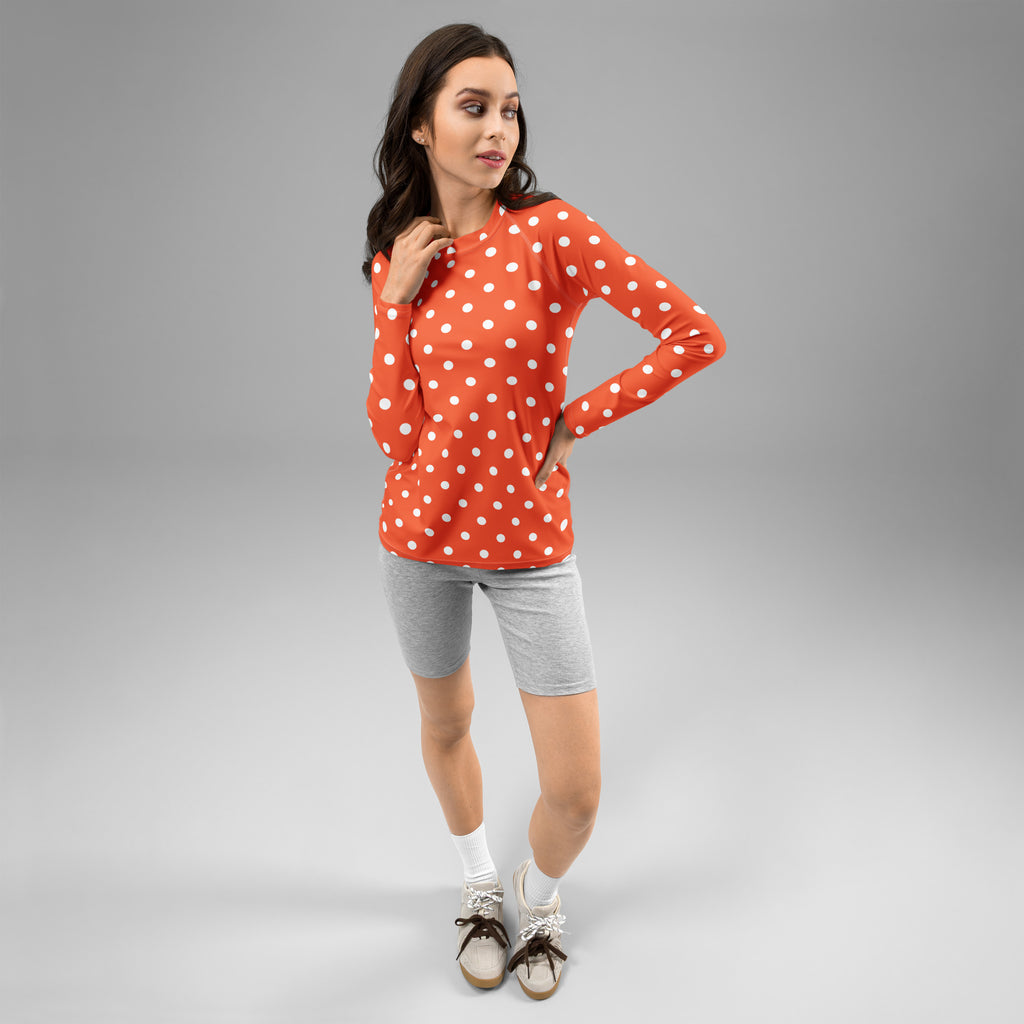Women's Bright Orange Polka Dot Long Sleeve Rash Guard Swim Shirt – Buttery Soft, Sun Safe UPF 50+ Protection, Quick Dry & 4-Way Stretch Comfort