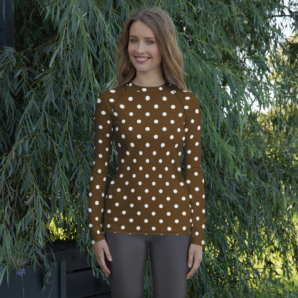Women's Brown Polka Dot Long Sleeve Rash Guard Swim Shirt – Buttery Soft, Sun Safe UPF 50+ Protection, Quick Dry & 4-Way Stretch Comfort