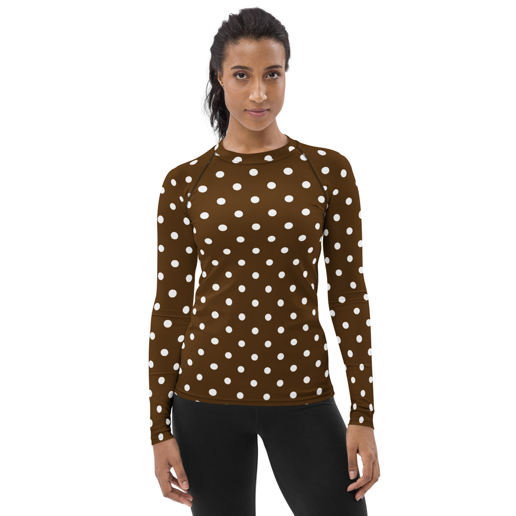 Women's Brown Polka Dot Long Sleeve Rash Guard Swim Shirt – Buttery Soft, Sun Safe UPF 50+ Protection, Quick Dry & 4-Way Stretch Comfort