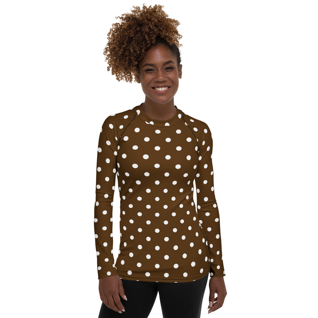 Women's Brown Polka Dot Long Sleeve Rash Guard Swim Shirt – Buttery Soft, Sun Safe UPF 50+ Protection, Quick Dry & 4-Way Stretch Comfort