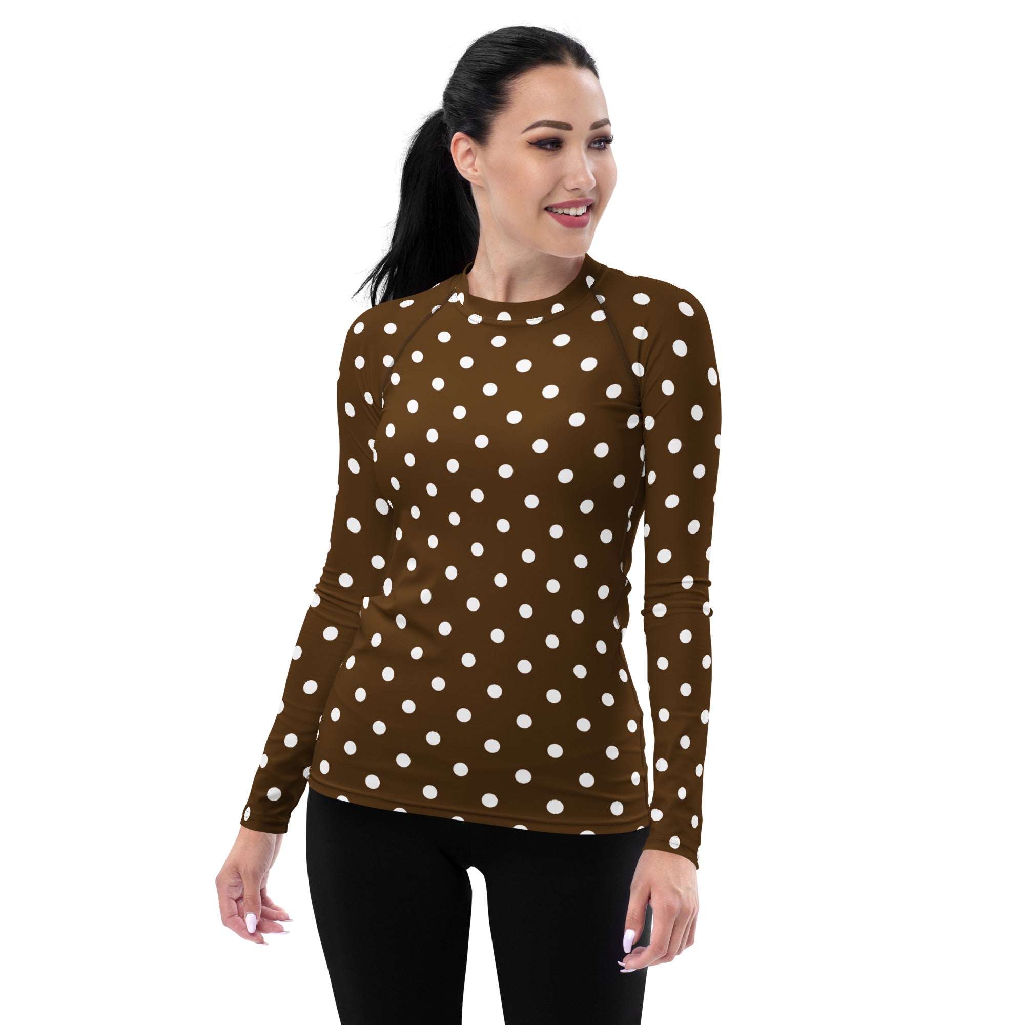 Women's Brown Polka Dot Long Sleeve Rash Guard Swim Shirt – Buttery Soft, Sun Safe UPF 50+ Protection, Quick Dry & 4-Way Stretch Comfort