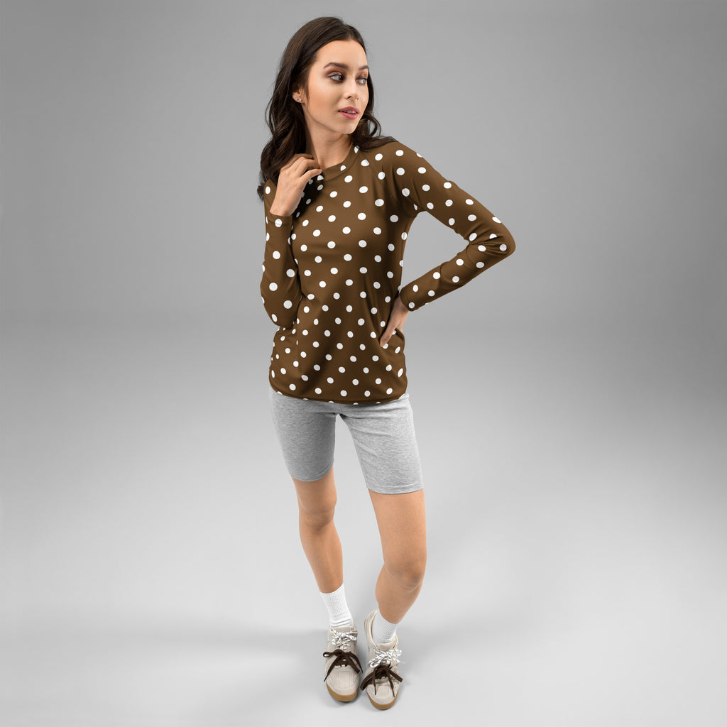 Women's Brown Polka Dot Long Sleeve Rash Guard Swim Shirt – Buttery Soft, Sun Safe UPF 50+ Protection, Quick Dry & 4-Way Stretch Comfort