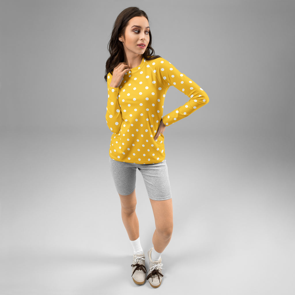 Women's Yellow Polka Dot Long Sleeve Rash Guard Swim Shirt – Buttery Soft, Sun Safe UPF 50+ Protection, Quick Dry & 4-Way Stretch Comfort