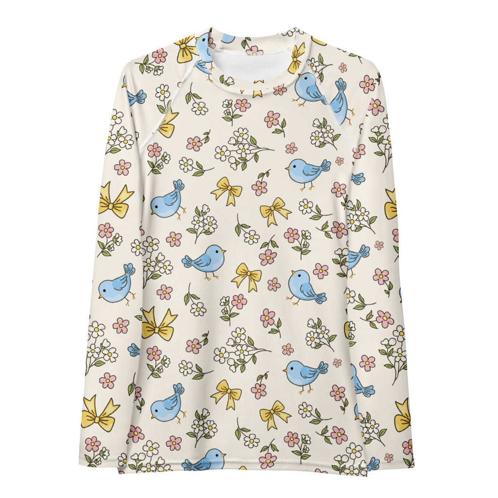 Women's Blue Bird Floral Long Sleeve Rash Guard Swim Shirt – Buttery Soft, Sun Safe UPF 50+ Protection, Quick Dry & 4-Way Stretch Comfort