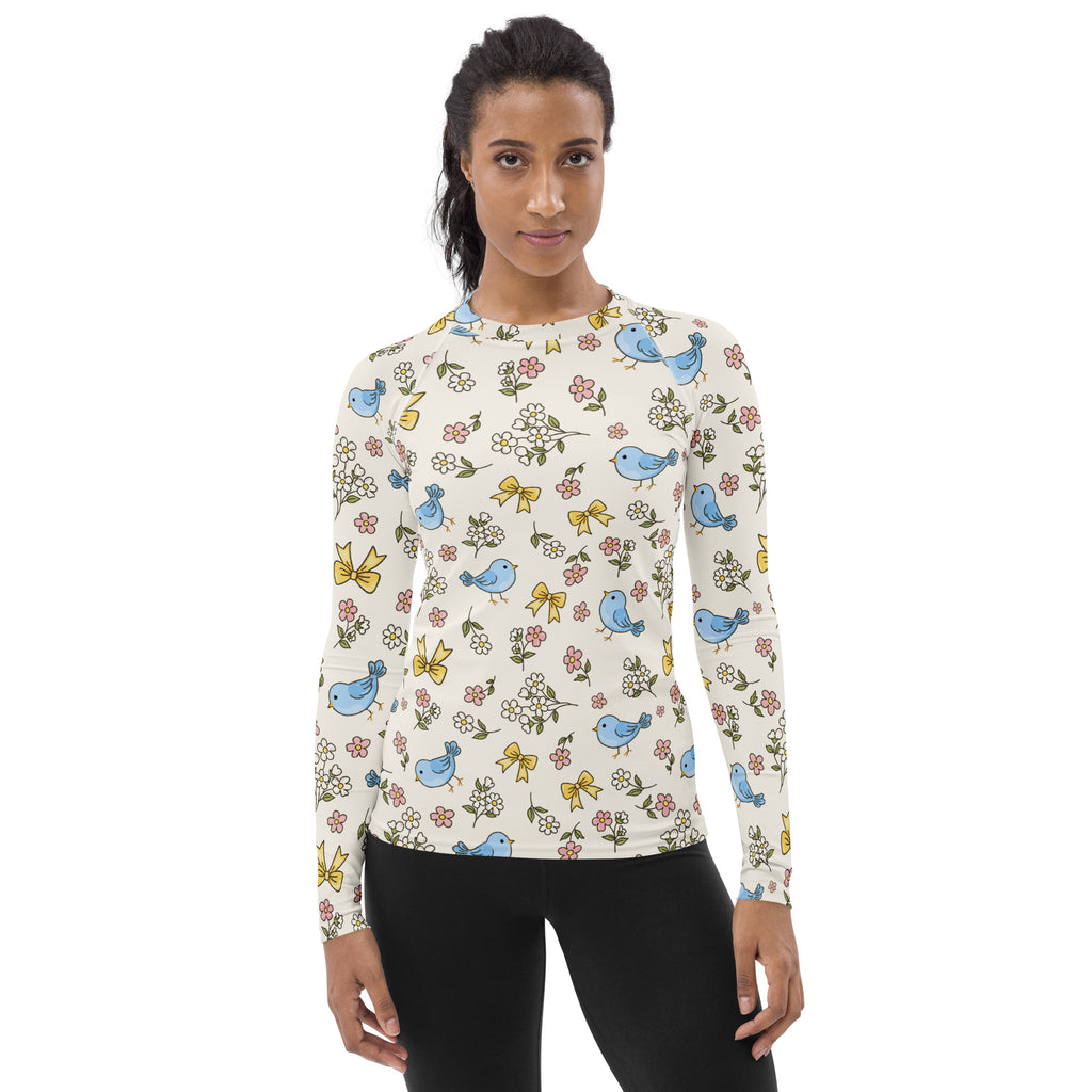 Women's Blue Bird Floral Long Sleeve Rash Guard Swim Shirt – Buttery Soft, Sun Safe UPF 50+ Protection, Quick Dry & 4-Way Stretch Comfort