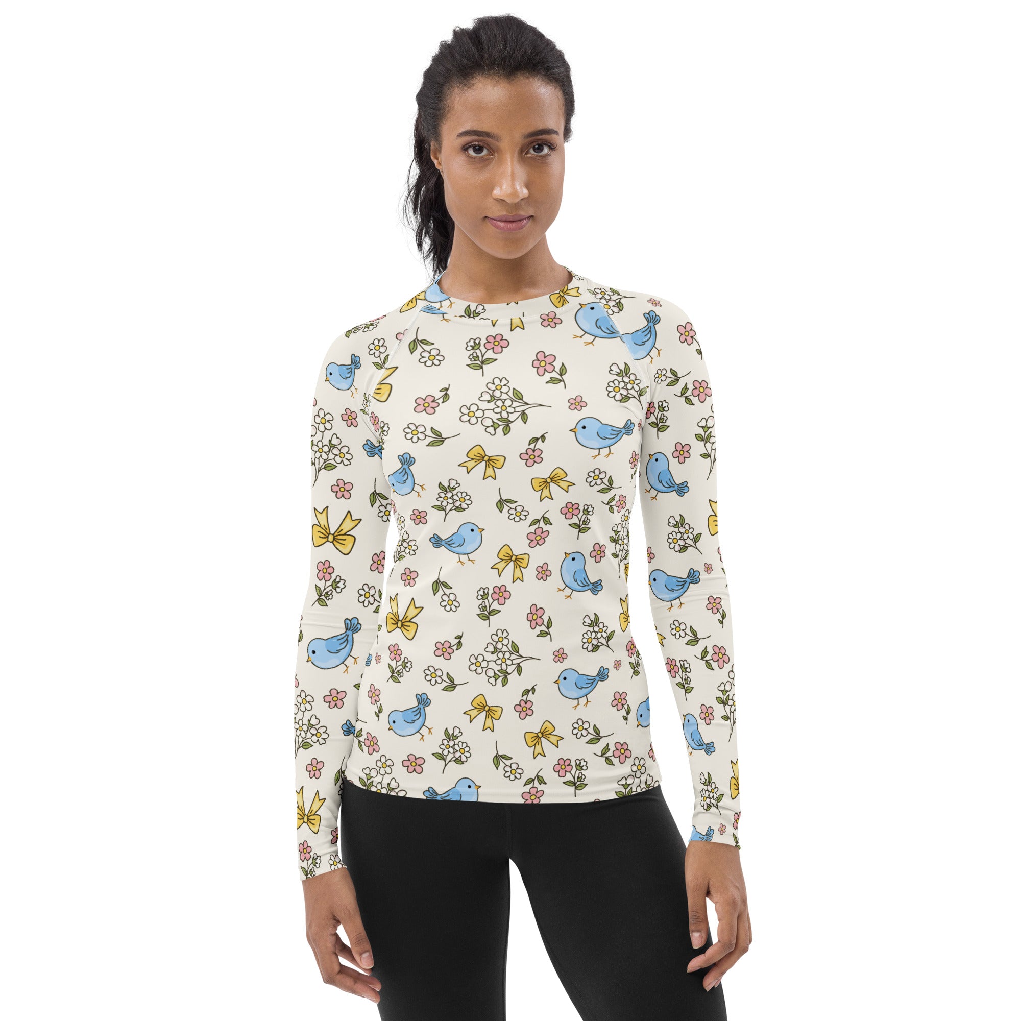 Women's Blue Bird Floral Long Sleeve Rash Guard Swim Shirt – Buttery Soft, Sun Safe UPF 50+ Protection, Quick Dry & 4-Way Stretch Comfort