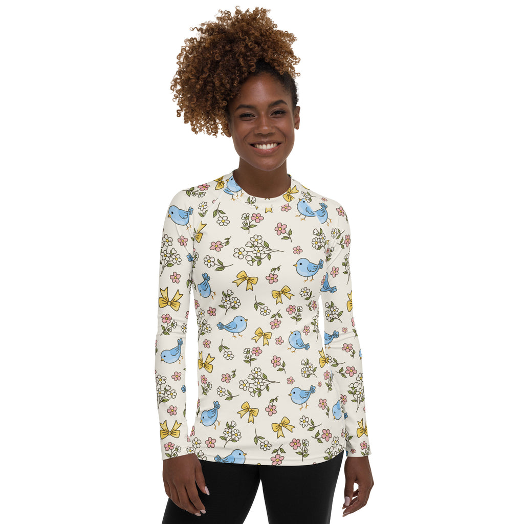 Women's Blue Bird Floral Long Sleeve Rash Guard Swim Shirt – Buttery Soft, Sun Safe UPF 50+ Protection, Quick Dry & 4-Way Stretch Comfort