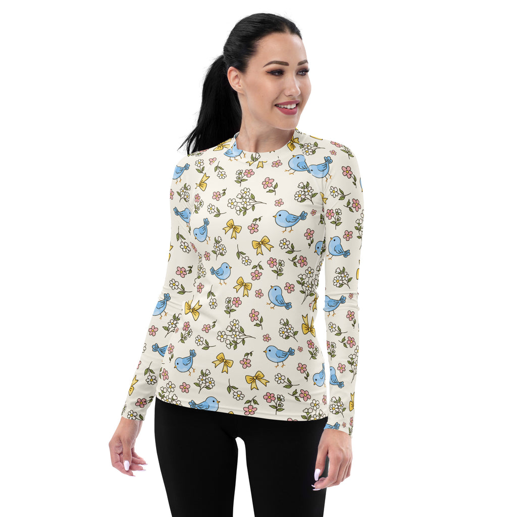 Women's Blue Bird Floral Long Sleeve Rash Guard Swim Shirt – Buttery Soft, Sun Safe UPF 50+ Protection, Quick Dry & 4-Way Stretch Comfort