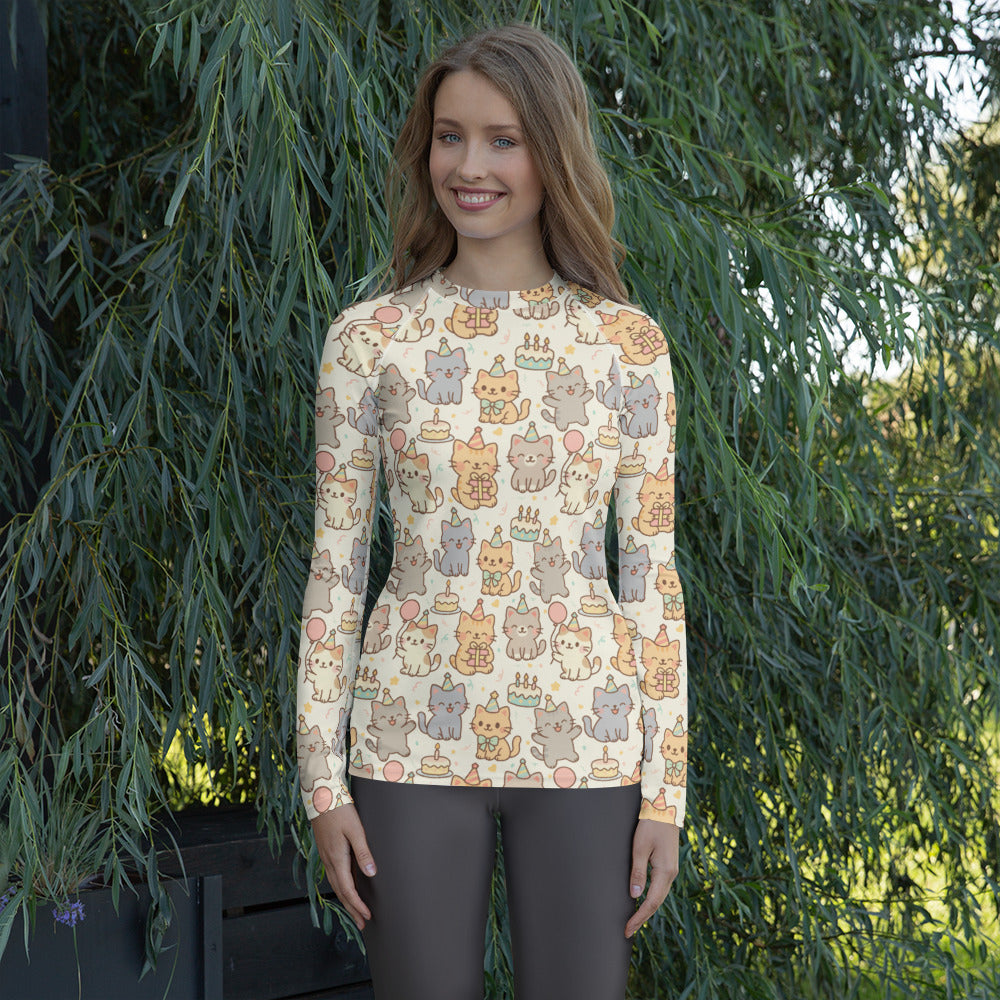 Women's Kitten Birthday Long Sleeve Rash Guard Swim Shirt – Buttery Soft, Sun Safe UPF 50+ Protection, Quick Dry & 4-Way Stretch Comfort