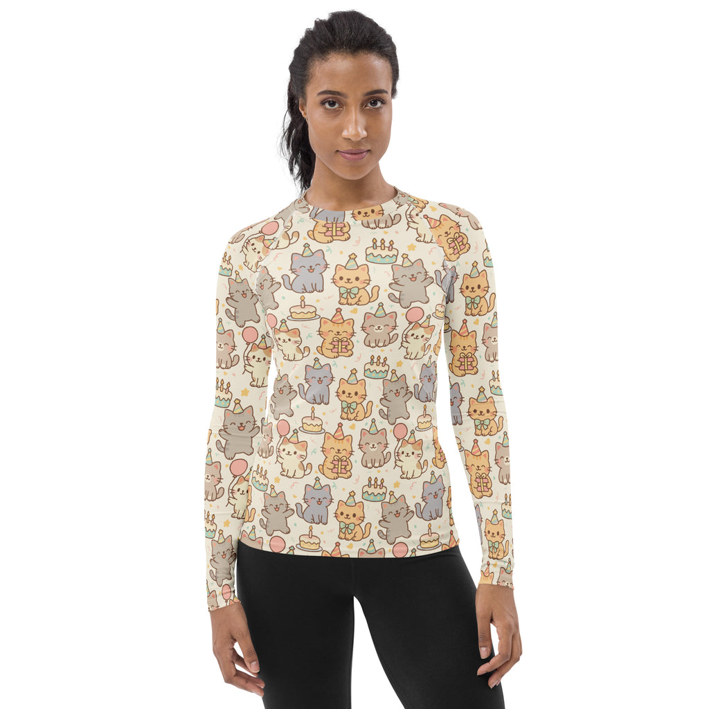Women's Kitten Birthday Long Sleeve Rash Guard Swim Shirt – Buttery Soft, Sun Safe UPF 50+ Protection, Quick Dry & 4-Way Stretch Comfort