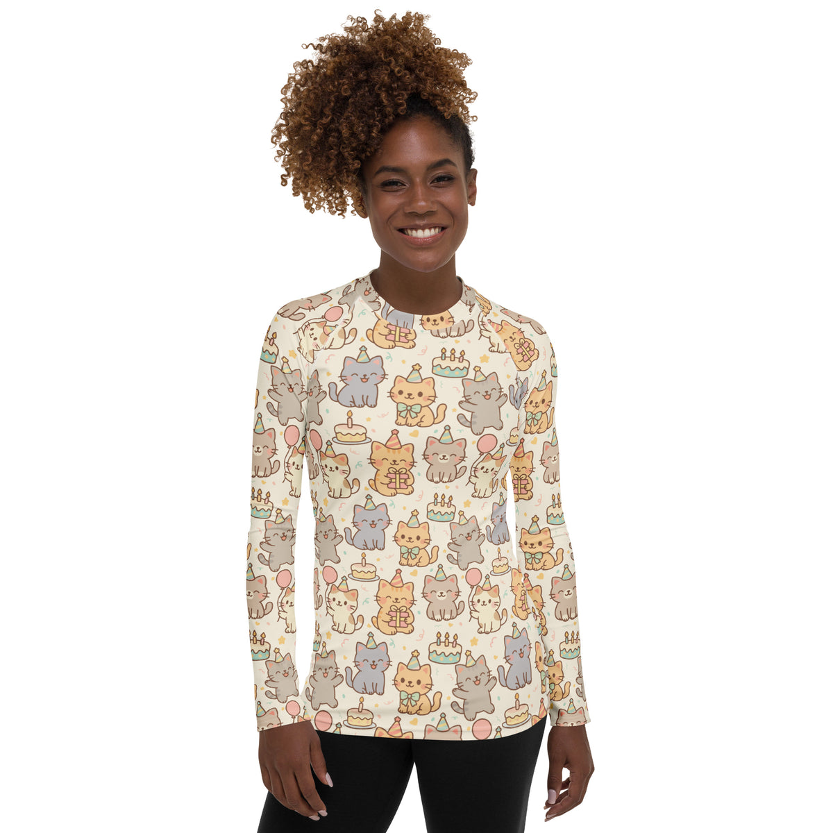 Women's Kitten Birthday Long Sleeve Rash Guard Swim Shirt – Buttery Soft, Sun Safe UPF 50+ Protection, Quick Dry & 4-Way Stretch Comfort