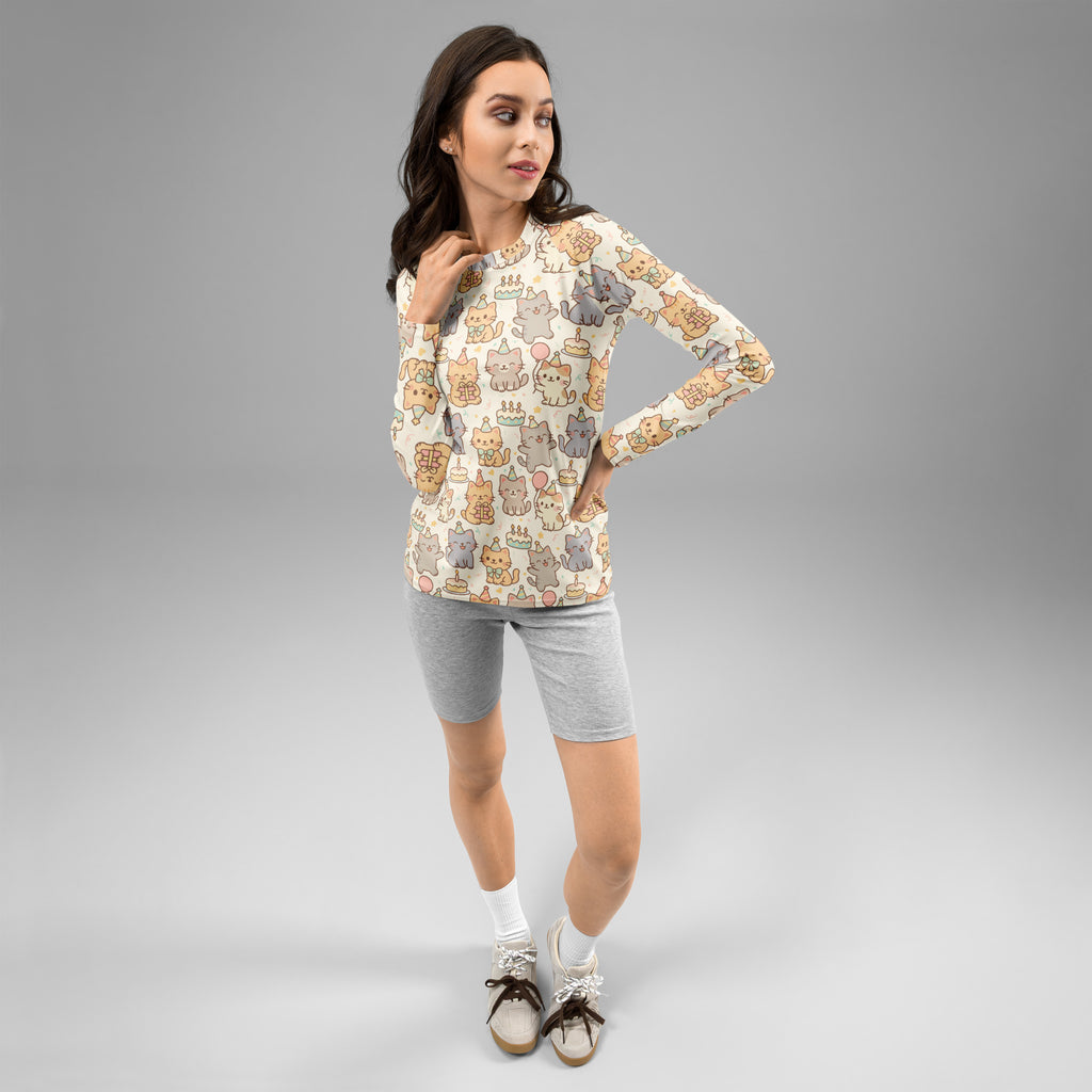 Women's Kitten Birthday Long Sleeve Rash Guard Swim Shirt – Buttery Soft, Sun Safe UPF 50+ Protection, Quick Dry & 4-Way Stretch Comfort