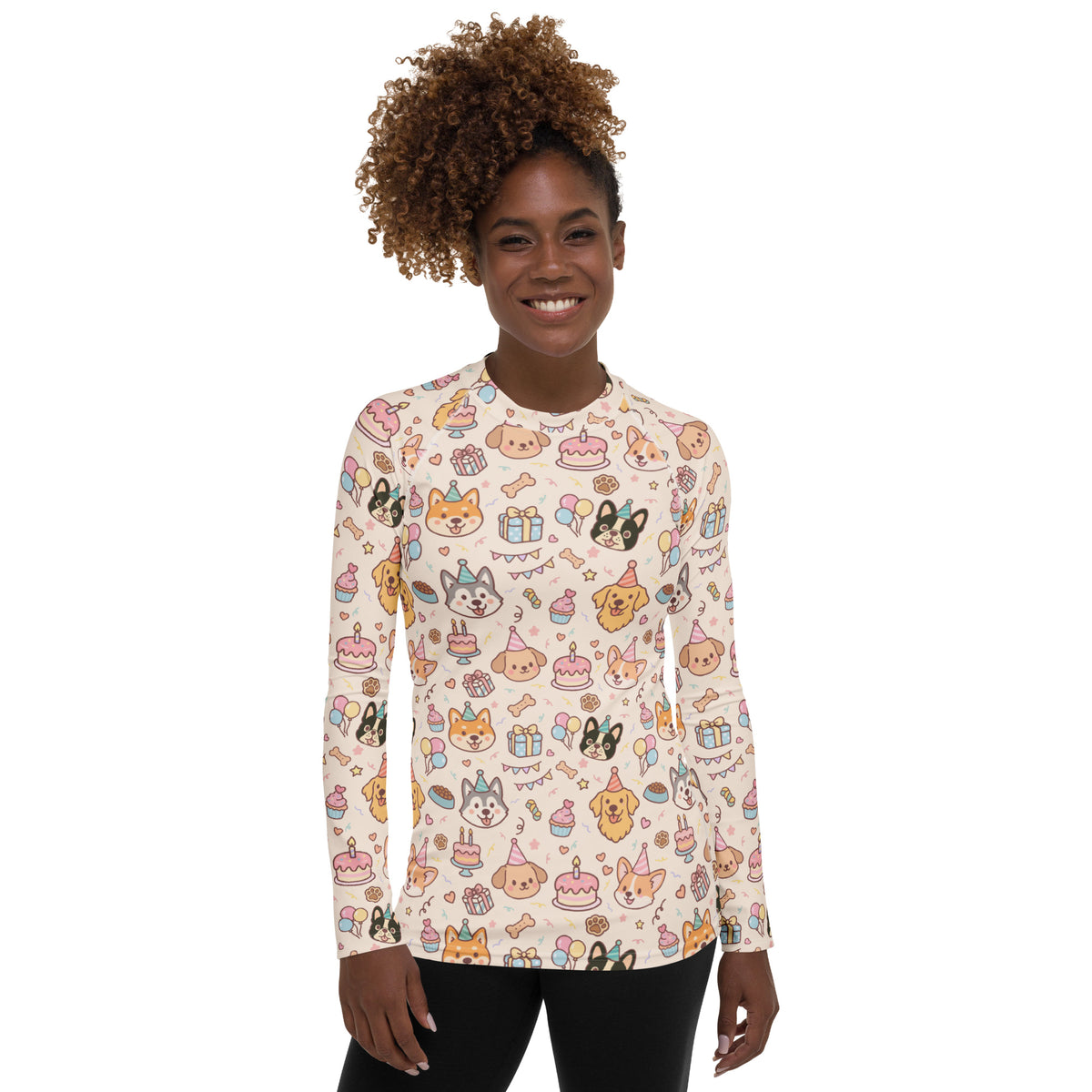 Women's Puppy Birthday Long Sleeve Rash Guard Swim Shirt – Buttery Soft, Sun Safe UPF 50+ Protection, Quick Dry & 4-Way Stretch Comfort
