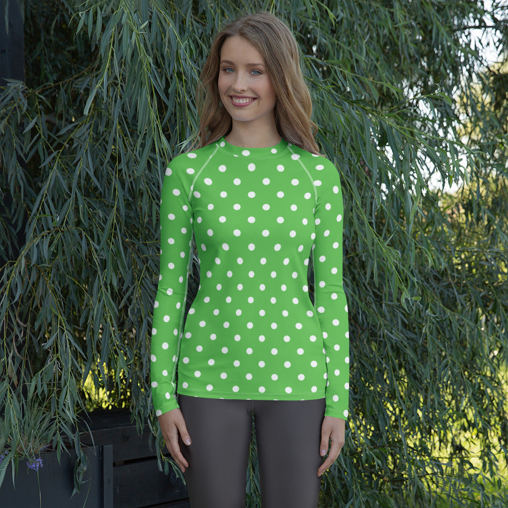 Women's Green Polka Dot Long Sleeve Rash Guard Swim Shirt – Buttery Soft, Sun Safe UPF 50+ Protection, Quick Dry & 4-Way Stretch Comfort
