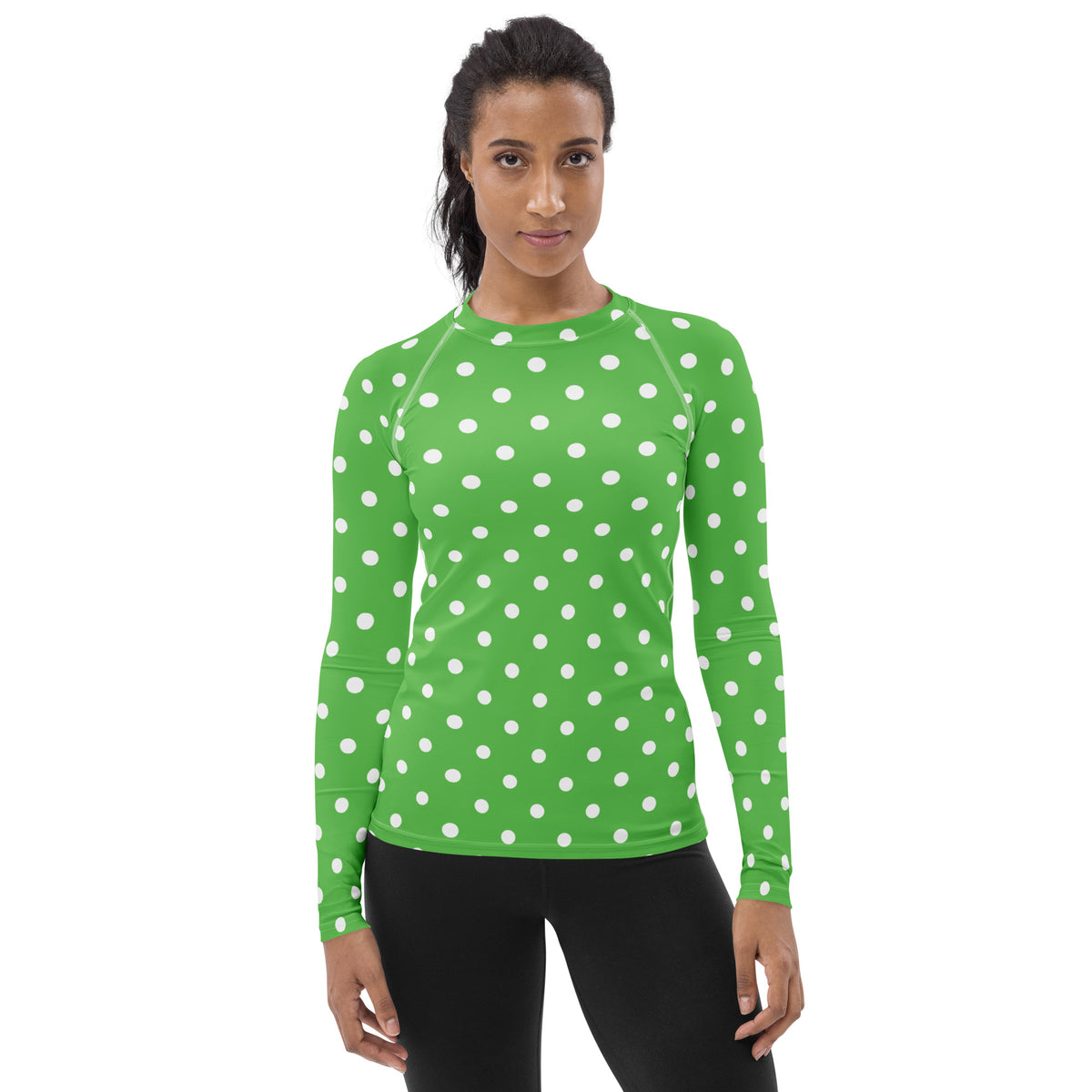 Women's Green Polka Dot Long Sleeve Rash Guard Swim Shirt – Buttery Soft, Sun Safe UPF 50+ Protection, Quick Dry & 4-Way Stretch Comfort