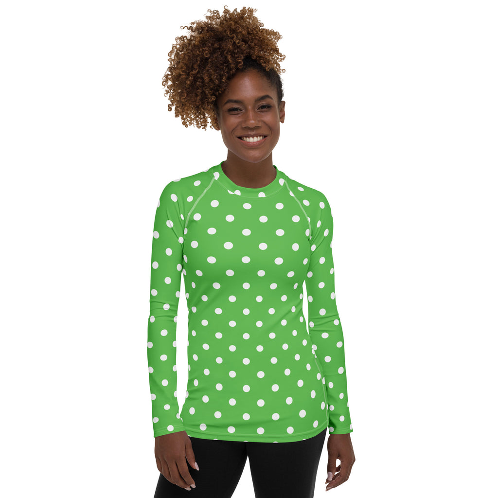Women's Green Polka Dot Long Sleeve Rash Guard Swim Shirt – Buttery Soft, Sun Safe UPF 50+ Protection, Quick Dry & 4-Way Stretch Comfort