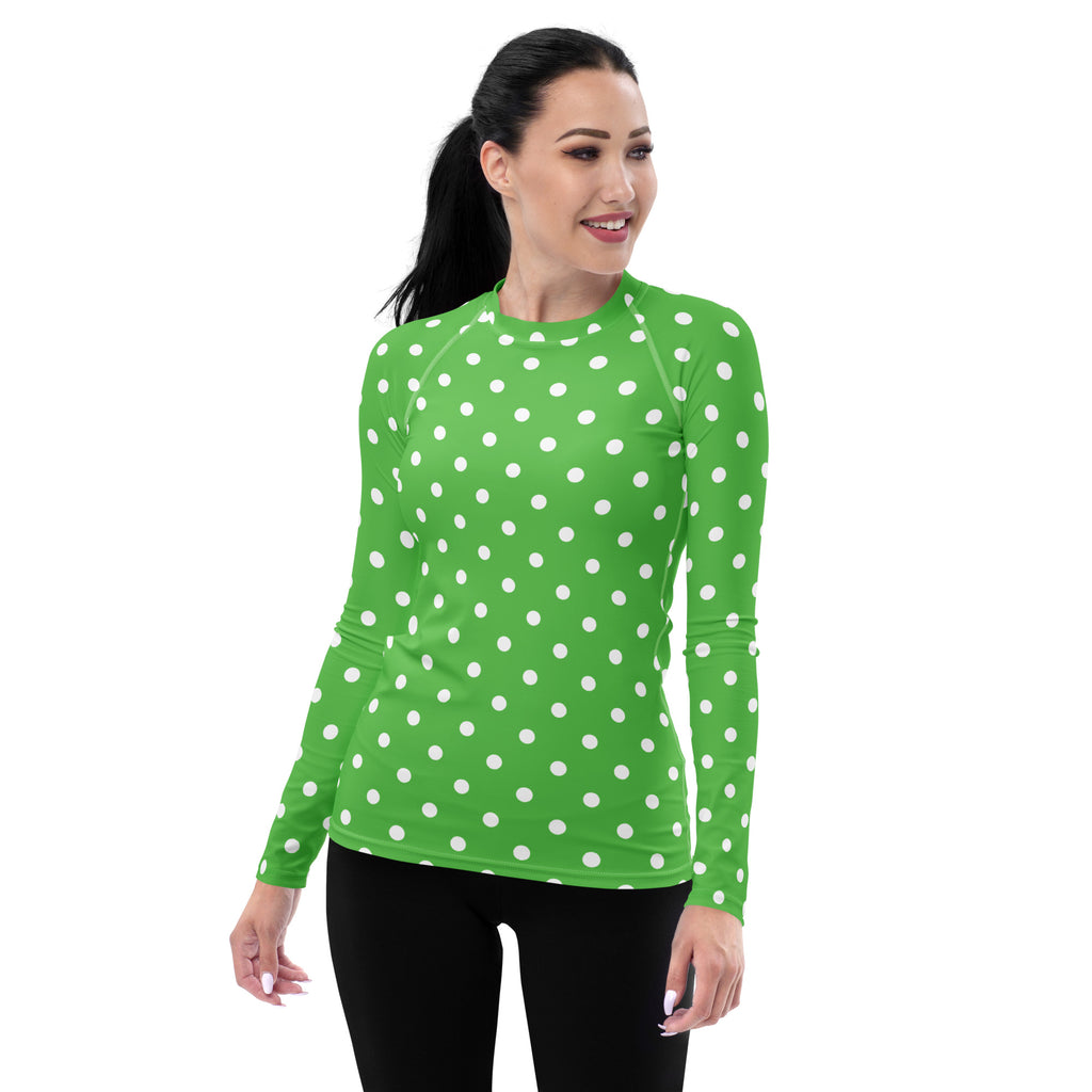 Women's Green Polka Dot Long Sleeve Rash Guard Swim Shirt – Buttery Soft, Sun Safe UPF 50+ Protection, Quick Dry & 4-Way Stretch Comfort