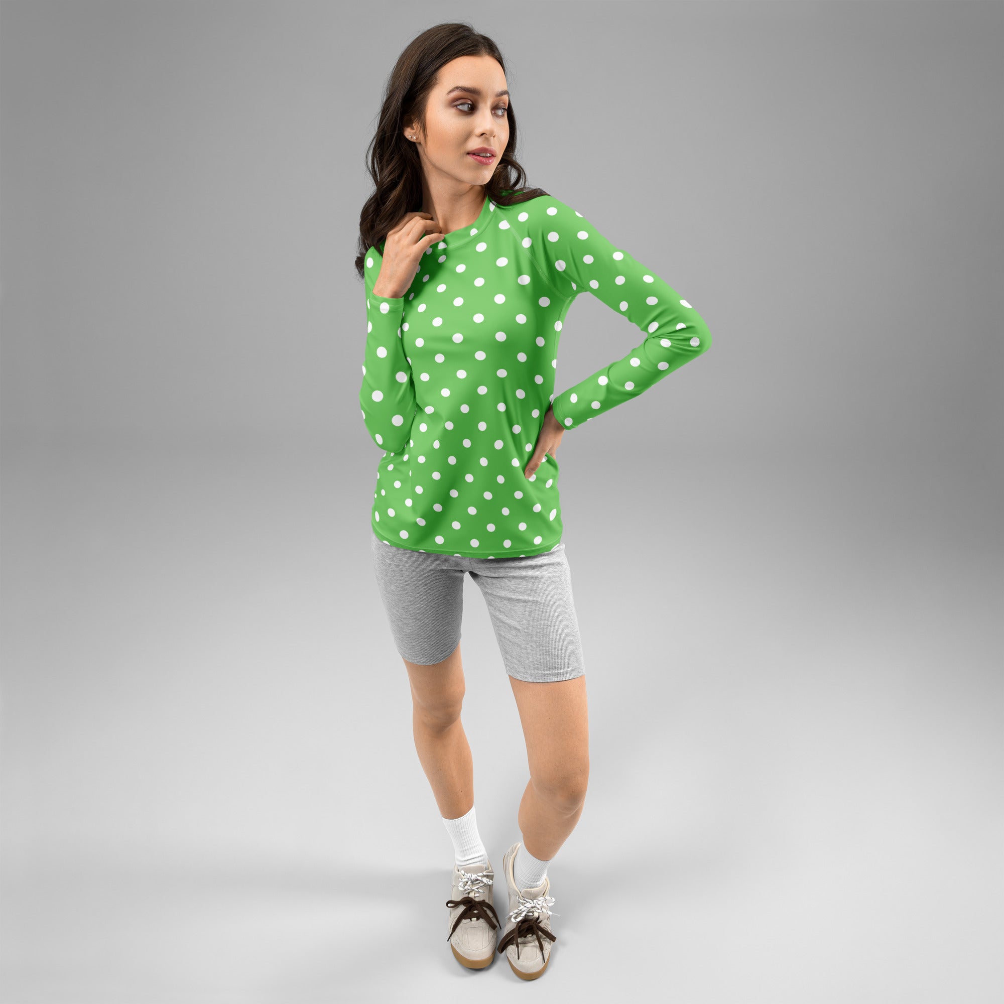 Women's Green Polka Dot Long Sleeve Rash Guard Swim Shirt – Buttery Soft, Sun Safe UPF 50+ Protection, Quick Dry & 4-Way Stretch Comfort