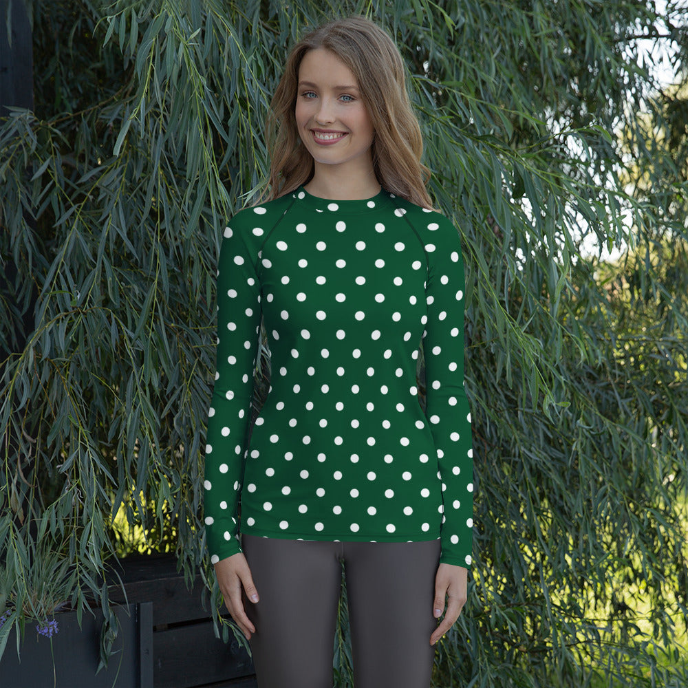 Women's Forest Green Polka Dot Long Sleeve Rash Guard Swim Shirt – Buttery Soft, Sun Safe UPF 50+ Protection, Quick Dry & 4-Way Stretch Comfort