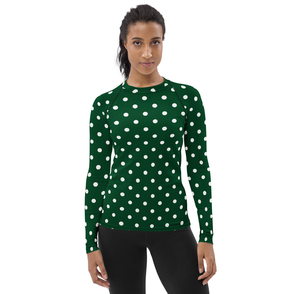Women's Forest Green Polka Dot Long Sleeve Rash Guard Swim Shirt – Buttery Soft, Sun Safe UPF 50+ Protection, Quick Dry & 4-Way Stretch Comfort