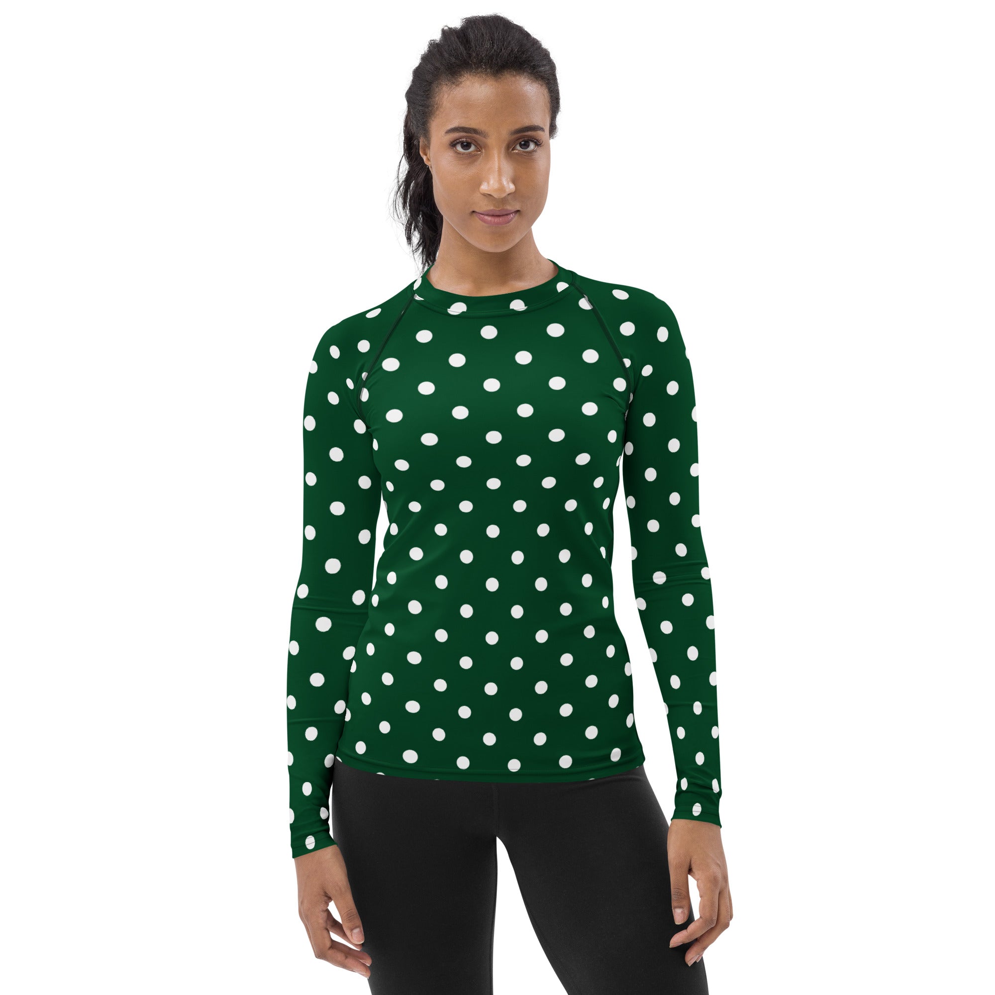 Women's Forest Green Polka Dot Long Sleeve Rash Guard Swim Shirt – Buttery Soft, Sun Safe UPF 50+ Protection, Quick Dry & 4-Way Stretch Comfort