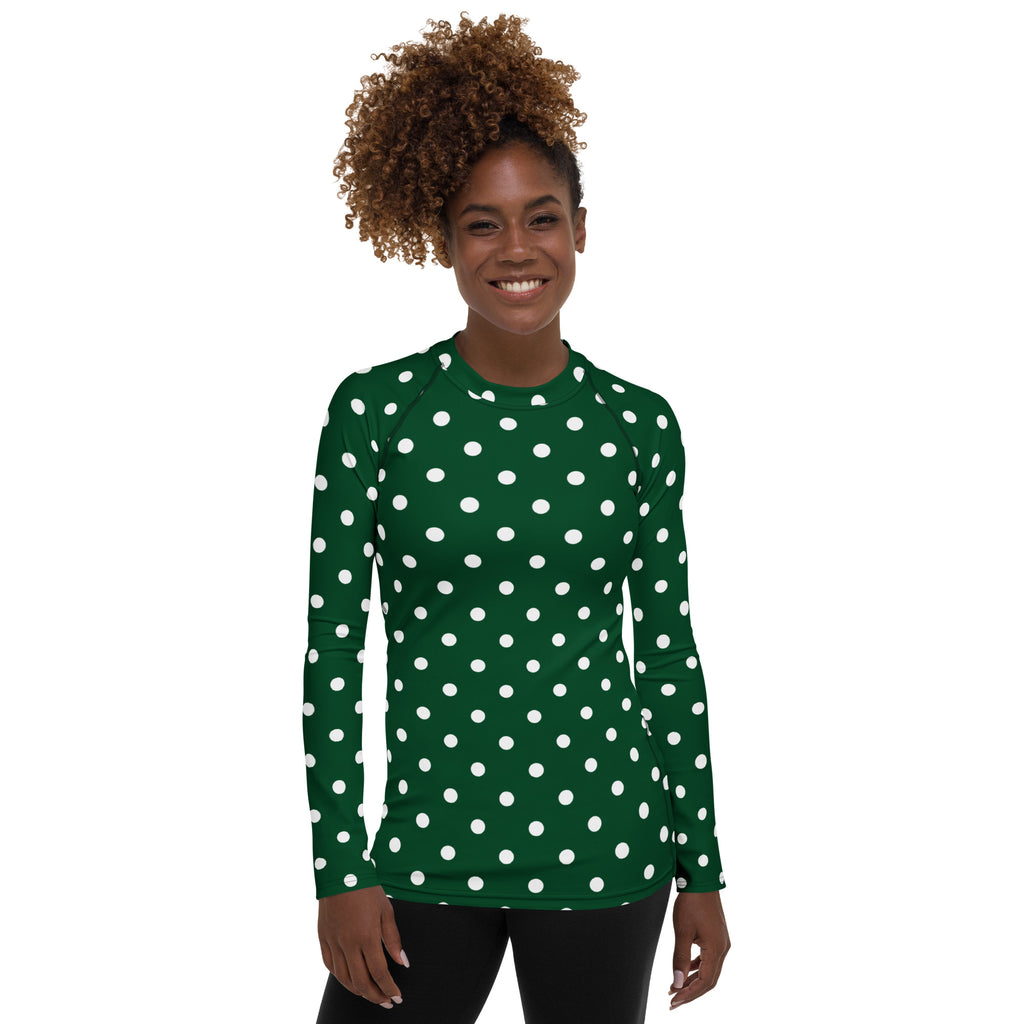 Women's Forest Green Polka Dot Long Sleeve Rash Guard Swim Shirt – Buttery Soft, Sun Safe UPF 50+ Protection, Quick Dry & 4-Way Stretch Comfort
