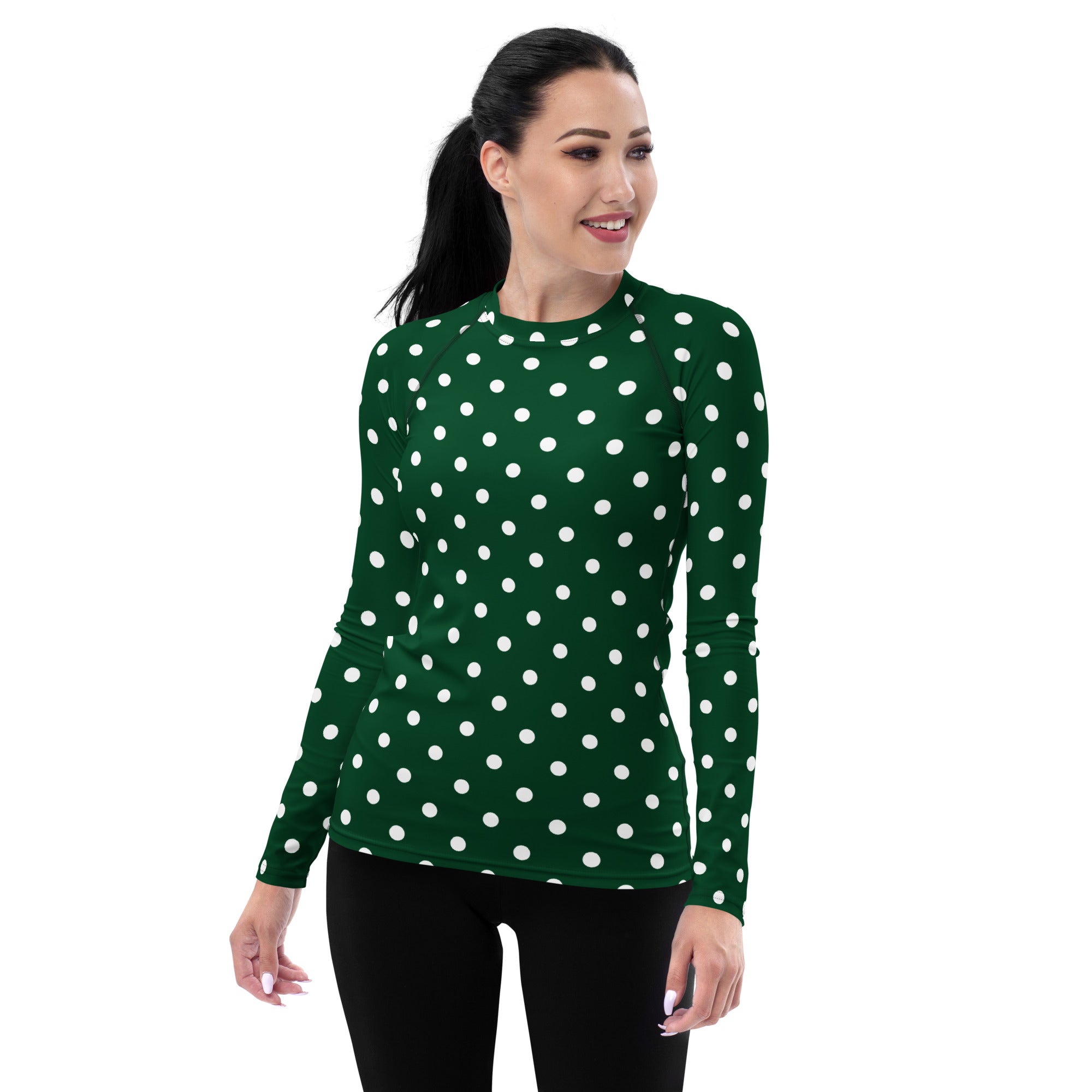 Women's Forest Green Polka Dot Long Sleeve Rash Guard Swim Shirt – Buttery Soft, Sun Safe UPF 50+ Protection, Quick Dry & 4-Way Stretch Comfort