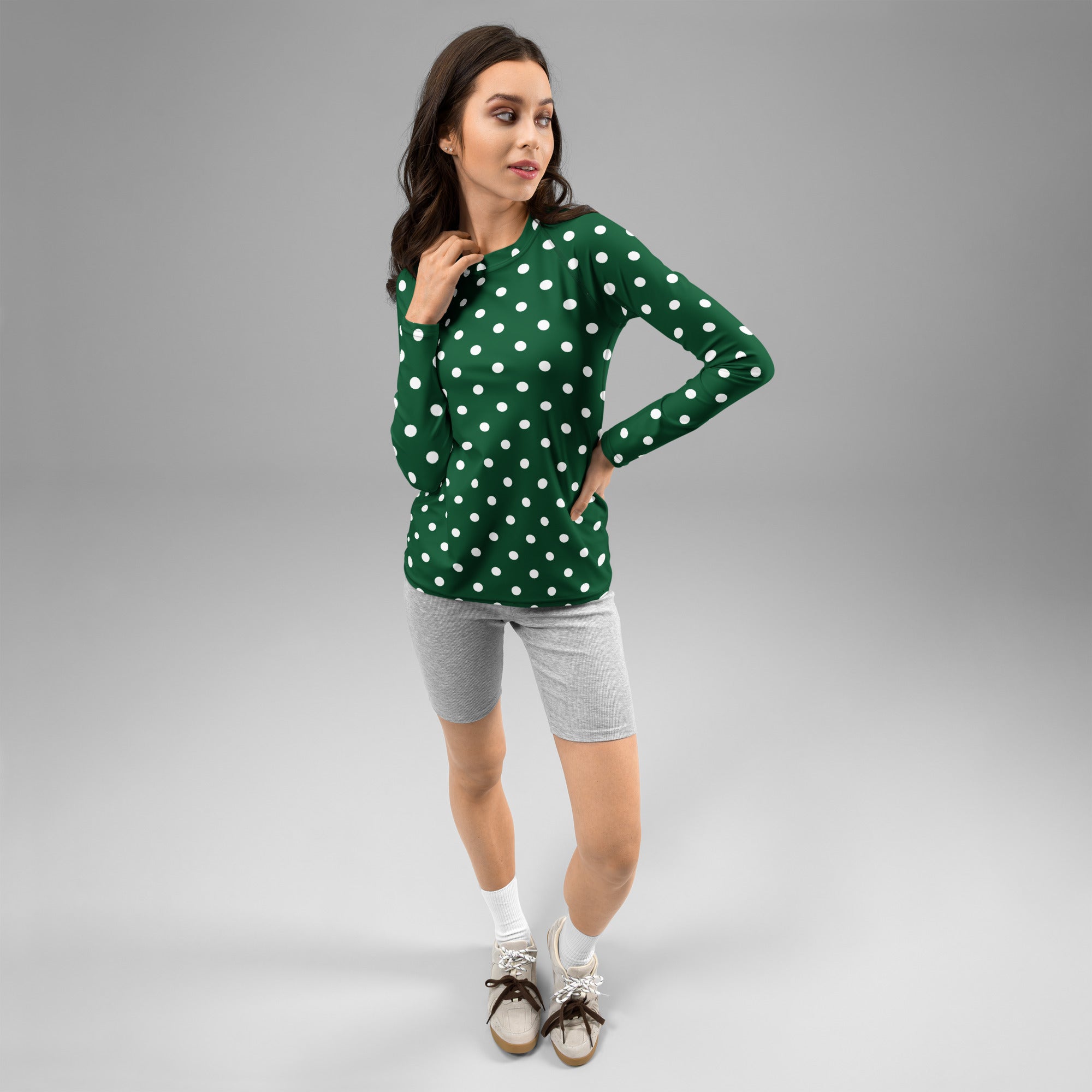 Women's Forest Green Polka Dot Long Sleeve Rash Guard Swim Shirt – Buttery Soft, Sun Safe UPF 50+ Protection, Quick Dry & 4-Way Stretch Comfort