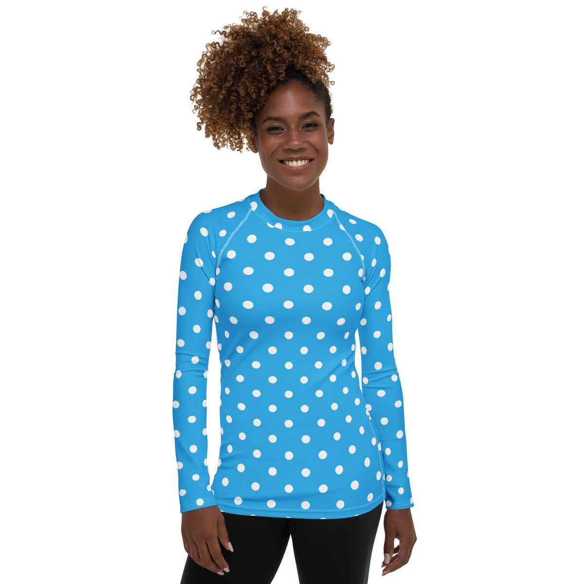 Women's Sky Blue Polka Dot Long Sleeve Rash Guard Swim Shirt – Buttery Soft, Sun Safe UPF 50+ Protection, Quick Dry & 4-Way Stretch Comfort