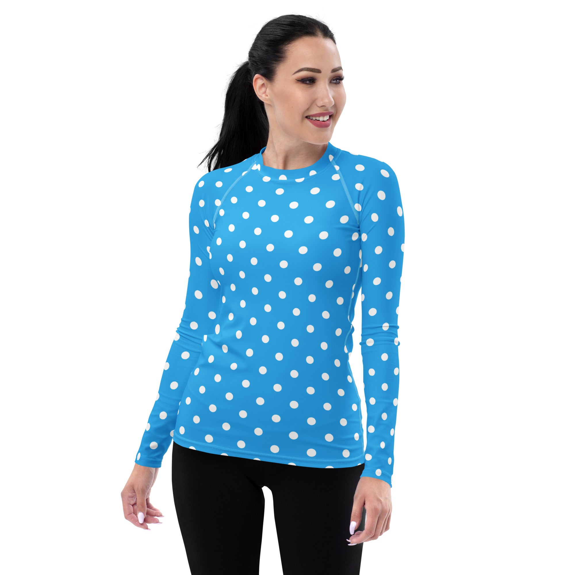 Women's Sky Blue Polka Dot Long Sleeve Rash Guard Swim Shirt – Buttery Soft, Sun Safe UPF 50+ Protection, Quick Dry & 4-Way Stretch Comfort