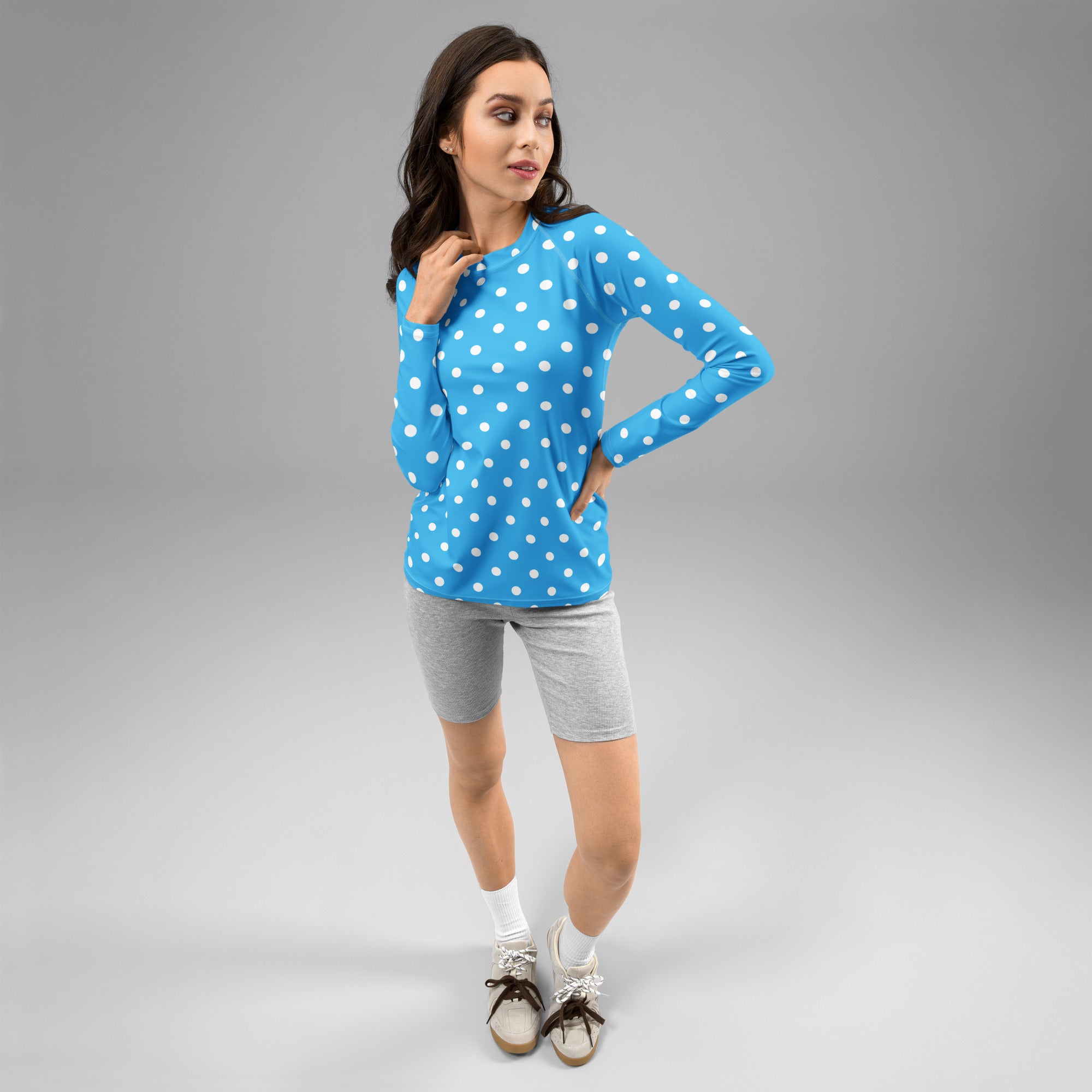 Women's Sky Blue Polka Dot Long Sleeve Rash Guard Swim Shirt – Buttery Soft, Sun Safe UPF 50+ Protection, Quick Dry & 4-Way Stretch Comfort