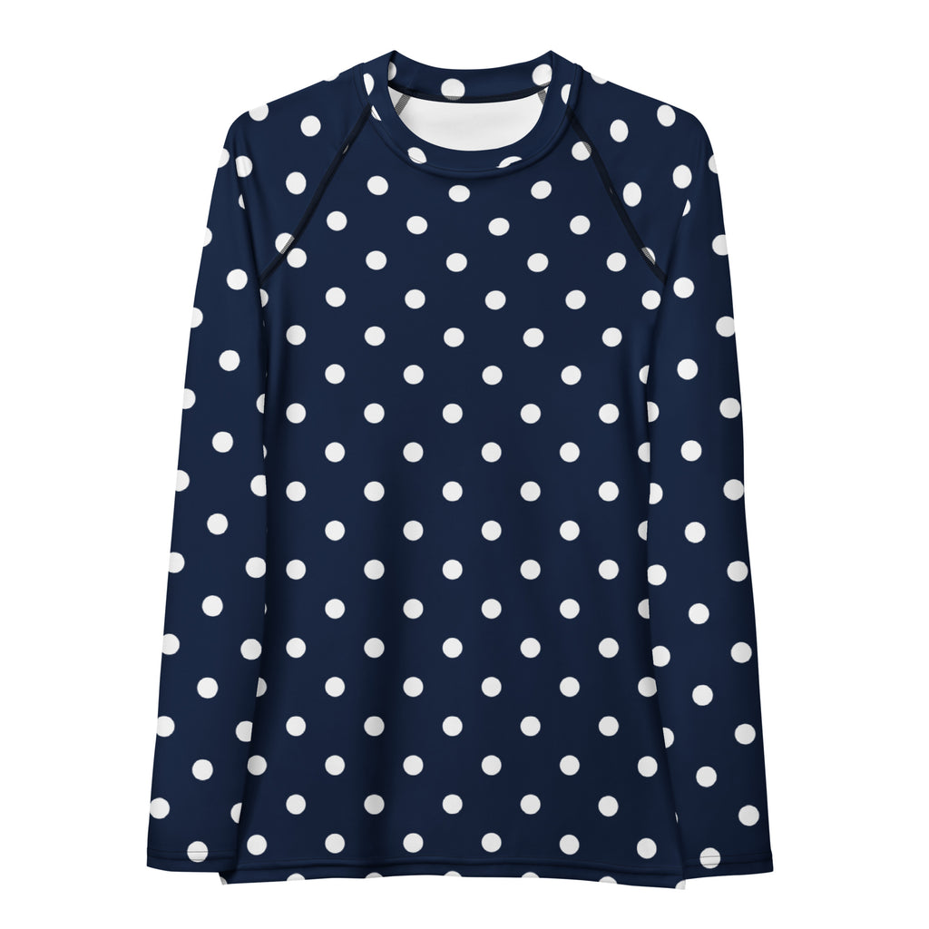Women's Navy Blue Polka Dot Long Sleeve Rash Guard Swim Shirt – Buttery Soft, Sun Safe UPF 50+ Protection, Quick Dry & 4-Way Stretch Comfort