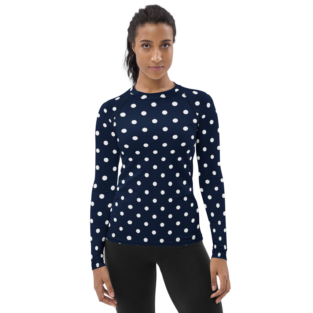 Women's Navy Blue Polka Dot Long Sleeve Rash Guard Swim Shirt – Buttery Soft, Sun Safe UPF 50+ Protection, Quick Dry & 4-Way Stretch Comfort