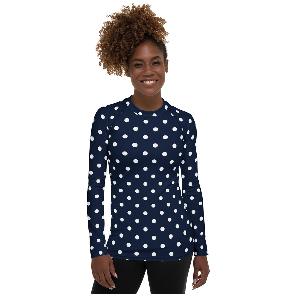 Women's Navy Blue Polka Dot Long Sleeve Rash Guard Swim Shirt – Buttery Soft, Sun Safe UPF 50+ Protection, Quick Dry & 4-Way Stretch Comfort