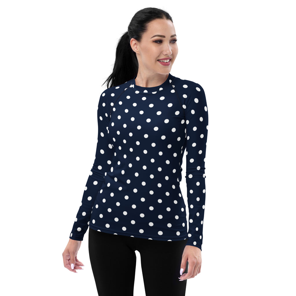 Women's Navy Blue Polka Dot Long Sleeve Rash Guard Swim Shirt – Buttery Soft, Sun Safe UPF 50+ Protection, Quick Dry & 4-Way Stretch Comfort