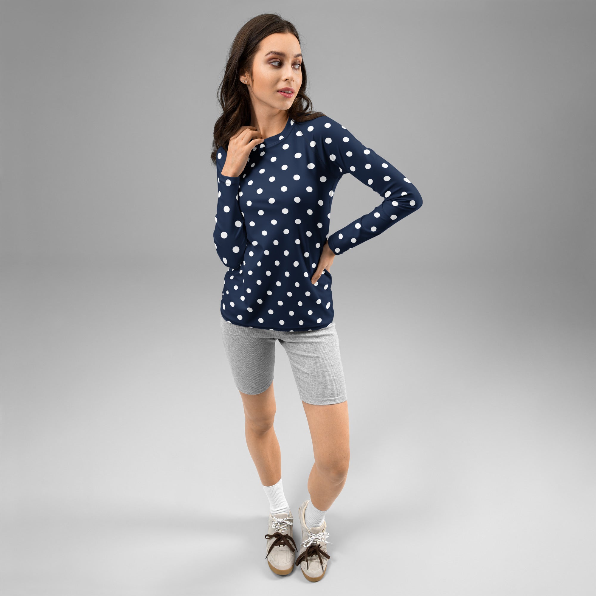 Women's Navy Blue Polka Dot Long Sleeve Rash Guard Swim Shirt – Buttery Soft, Sun Safe UPF 50+ Protection, Quick Dry & 4-Way Stretch Comfort