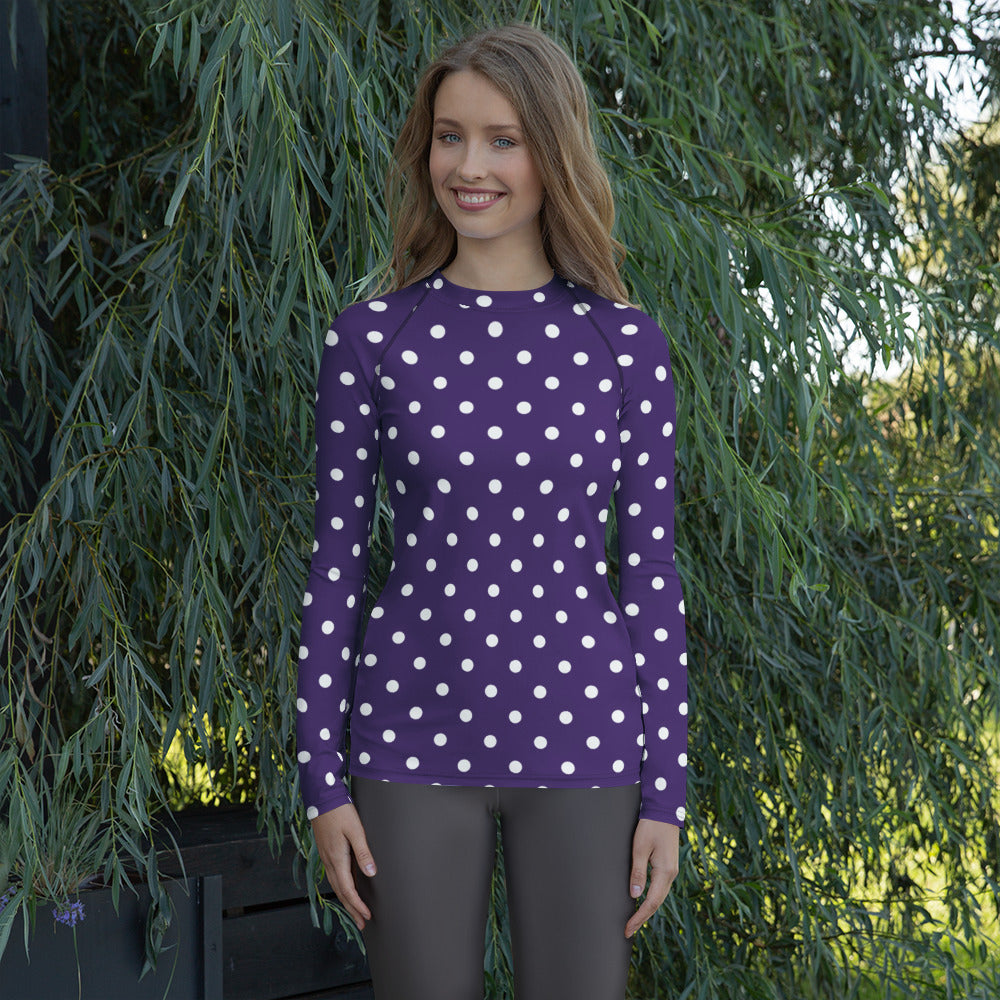 Women's Dark Purple Polka Dot Long Sleeve Rash Guard Swim Shirt – Buttery Soft, Sun Safe UPF 50+ Protection, Quick Dry & 4-Way Stretch Comfort